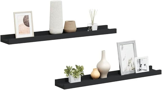 Black Frame Ledge Shelf Set of 2, 23.6 Inch MDF Wall Mounted Storage Display for Photos and Art, Minimalist Modern Decor with Easy Installation