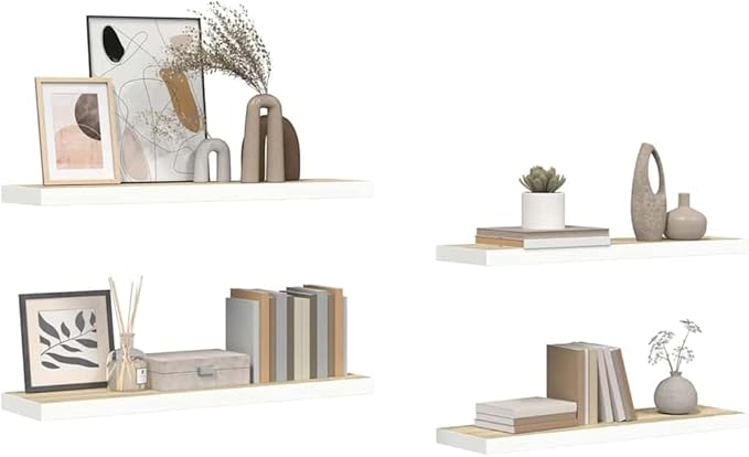 Wall Shelf Set of 4 Oak and White Honeycomb MDF Metal Floating Shelves 31.5 Inch Long Modern Display Storage for Home Office