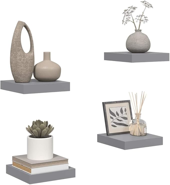 Modern Floating Wall Shelves Set of 4, Grey Honeycomb MDF with Metal Mounting Hardware for Stylish Display and Storage
