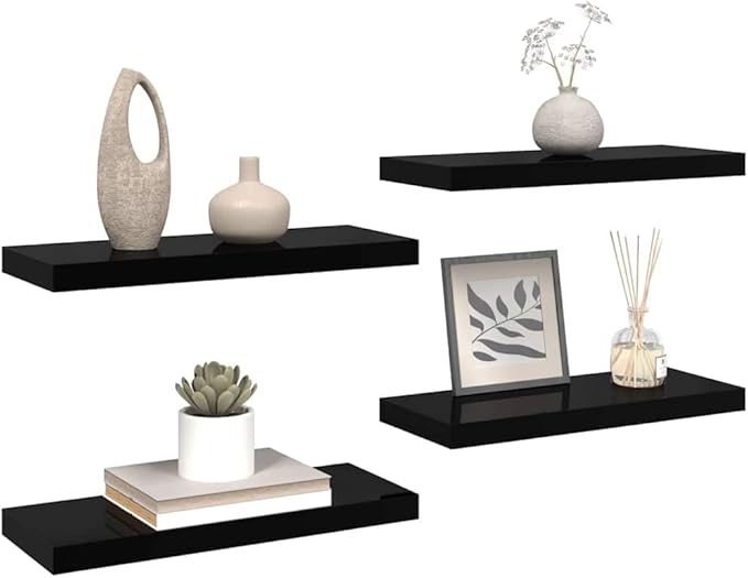 Set of 4 High Gloss Black Honeycomb MDF Floating Wall Shelves with Metal Frame for Living Room Bedroom Office Storage Display