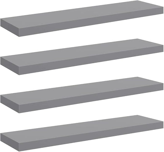 Set of 4 Grey Floating Wall Shelves, Honeycomb MDF and Metal Construction, 35.4x9.3x1.5 Inch, Modern Display Shelves for Home Organization and Decoration, Space-Saving