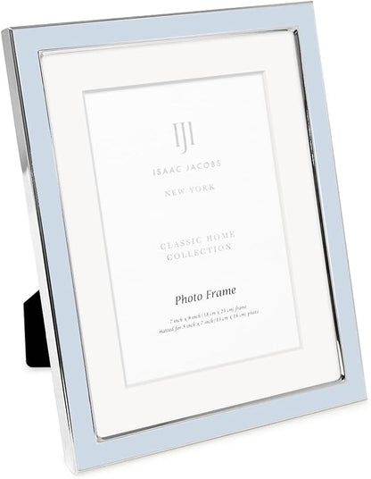 Isaac Jacobs 7x9 (Matted 5x7) Light Blue Enamel Picture Frame with Silver Metal Edge and Easel, Tabletop Display, Wall Décor, Photo Gallery, (7x9 (Matted 5x7), Light Blue with Silver)