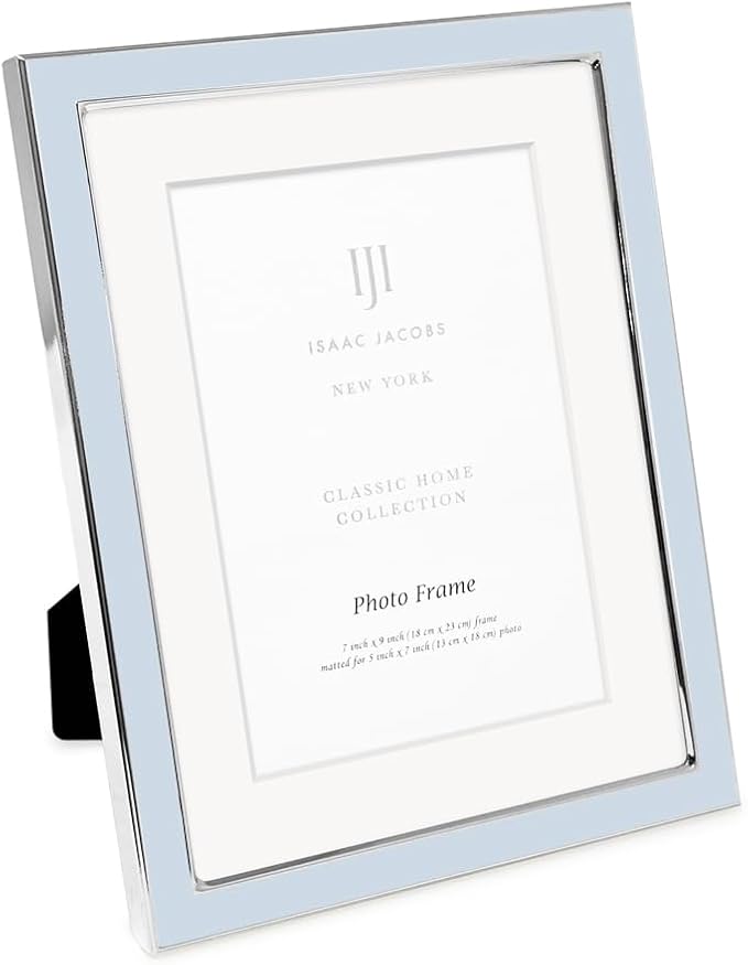Isaac Jacobs 7x9 (Matted 5x7) Light Blue Enamel Picture Frame with Silver Metal Edge and Easel, Tabletop Display, Wall Décor, Photo Gallery, (7x9 (Matted 5x7), Light Blue with Silver)