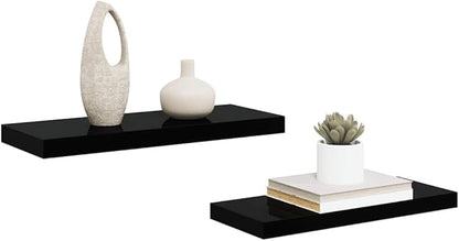 Modern Floating Wall Shelves Set of 2, High Gloss Black Honeycomb MDF with Metal Brackets for Home Storage and Display