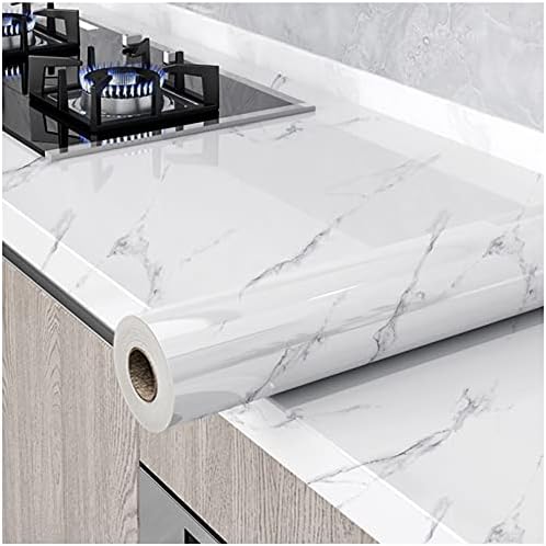Glossy Marble Paper Granite Gray/White Wallpaper Peel and Stick Wallpaper Self Adhesive Removable Wallpapers 15.8″ ×393″ Waterproof Countertop Paper for Cabinet Countertop Furniture Kitchen Viny Film