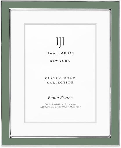 Isaac Jacobs 7x9 (Matted 5x7) Rosemary Green Enamel Picture Frame with Silver Metal Edge and Easel, Tabletop Display, Wall Décor, Photo Gallery, (7x9 (Matted 5x7), Rosemary Green with Silver)