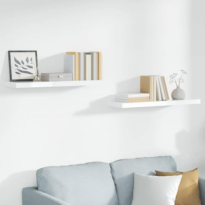 Set of 2 High Gloss White Honeycomb MDF and Metal Floating Wall Shelves with Invisible Mounting, Modern Minimalist Design for Living Room Bedroom Office Storage and Display