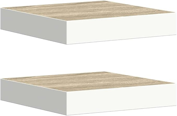 Floating Wall Shelf Set of 2, Oak and White Matte Finish Honeycomb MDF with Metal Brackets, Modern Invisible Mounting System for Living Room Office, Durable Space Saving