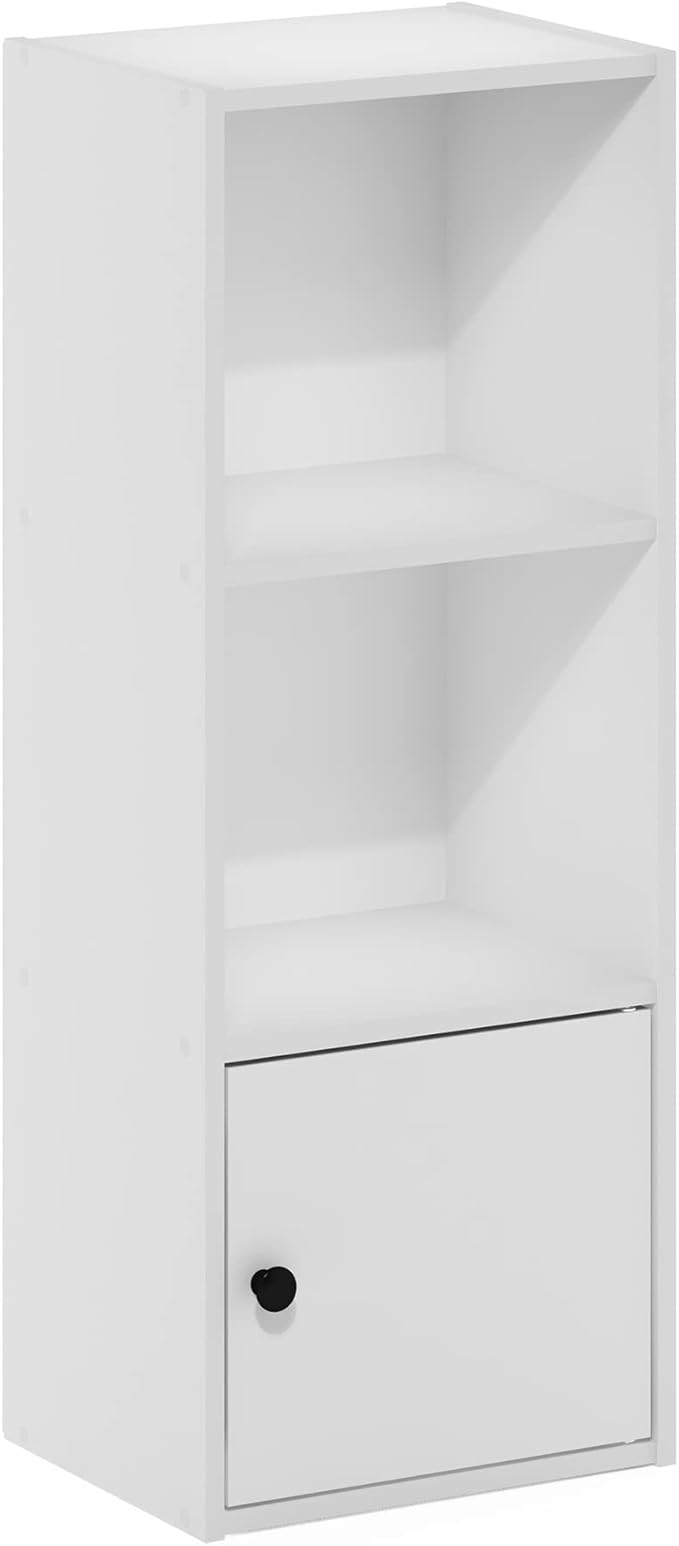 Furinno LUDER Book Shelf, 3-Tier Modern Bookshelf, Bookcase with 1 Door Storage Cabinet, 9.3 x 12 x 31.5, for Living Room, Bedroom, Home Office, White