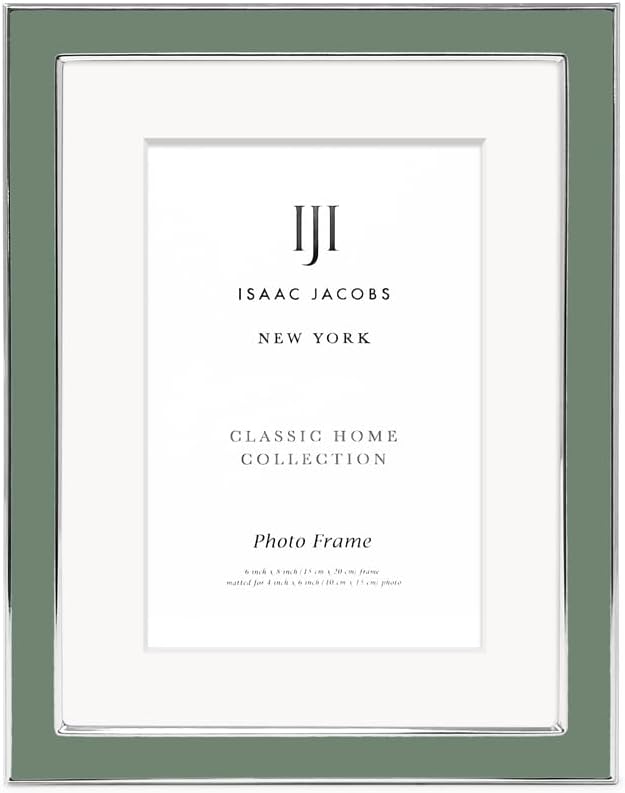 Isaac Jacobs 6x8 (Matted 4x6) Rosemary Green Enamel Picture Frame with Silver Metal Edge and Easel, Tabletop Display, Wall Décor, Photo Gallery, (6x8 (Matted 4x6), Rosemary Green with Silver)