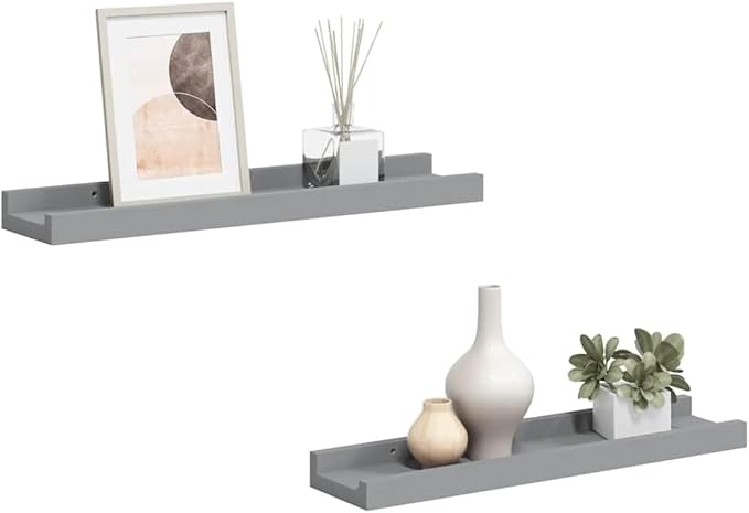 Gray MDF Floating Frame Ledge Shelf Set of 2, Modern U-Shaped Wall Mounted Shelves for Displaying Photos Artwork Decor, Minimalist Design with Hardware Included, Compact Size