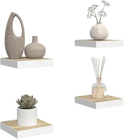 Floating Wall Shelf Set of 4 Oak White Honeycomb MDF Metal Modern Storage Display Minimalist Aesthetic Sturdy Construction Versatile Usage Invisible Mounting System Quick