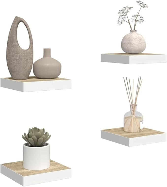 Floating Wall Shelf Set of 4 Oak White Honeycomb MDF Metal Modern Storage Display Minimalist Aesthetic Sturdy Construction Invisible Mounting System for Living Room Office