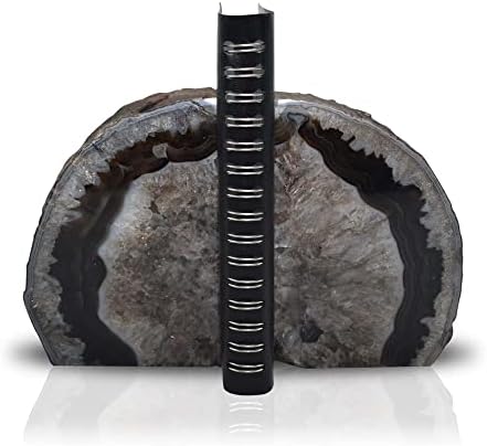 Nature's Decorations A Quality Black Agate Geode Bookends - Heavy Duty with Non-Skid Rubber Bumpers for Shelves, Office, Home Decor - Cool Crystal Stone (1 Pair 6-8 LB)