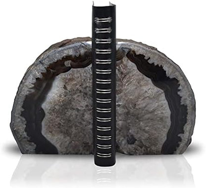 Nature's Decorations A Quality Black Agate Geode Bookends - Heavy Duty with Non-Skid Rubber Bumpers for Shelves, Office, Home Decor - Cool Crystal Stone (1 Pair 2-3 LB)