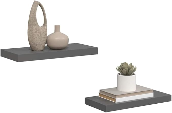 Modern Floating Wall Shelves Set of 2, High Gloss Grey Honeycomb MDF with Metal Mounting, Sleek Display for Books and Decor, Space-Saving Storage Solution for Living Room