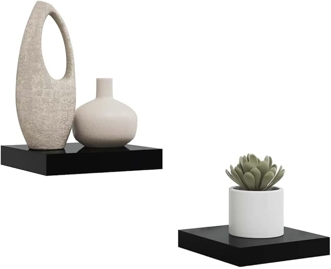Set of 2 High Gloss Black Honeycomb Floating Wall Shelves, Engineered MDF with Metal Brackets for Home Office Display and Storage