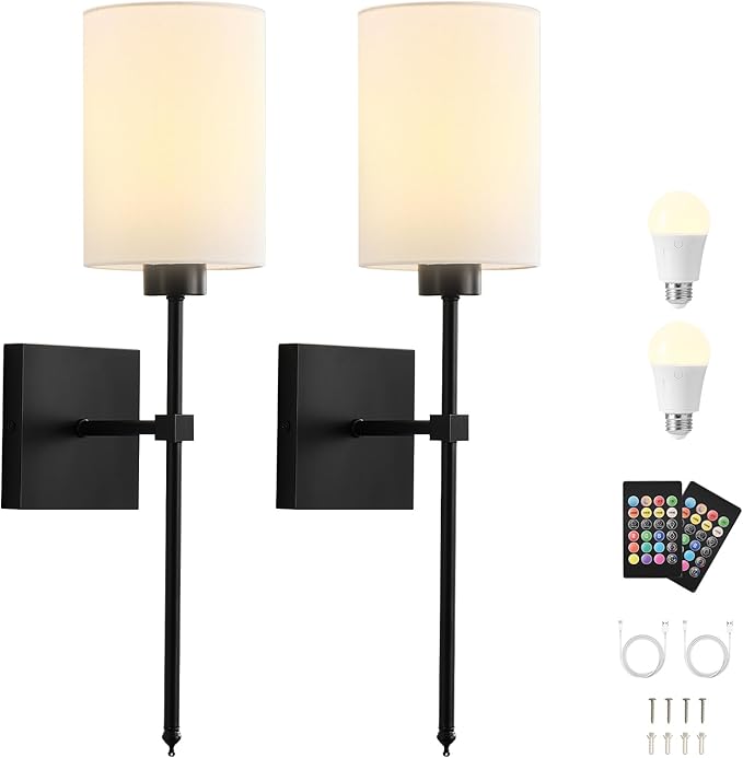 Battery Operated Wall Sconce Set of Two, Wireless Rechargeable Wall Light with Remote Control, Dimmable, 4 Color Temperatures, RGB, Timer, for Living Room,Bedroom,Entryway, Black, 20.6 Inch