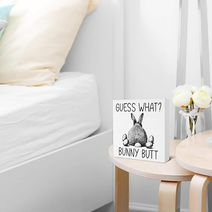 Easter Bathroom Decor - Easter Decorations for Home - Funny Bunny Wooden Sign Home Bathroom Toilet Desk Table Shelf Decor - 5 x 5 Inches