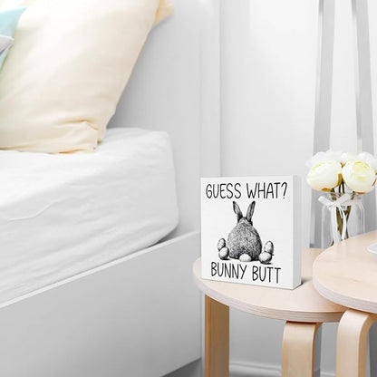 Easter Bathroom Decor - Easter Decorations for Home - Funny Bunny Wooden Sign Home Bathroom Toilet Desk Table Shelf Decor - 5 x 5 Inches