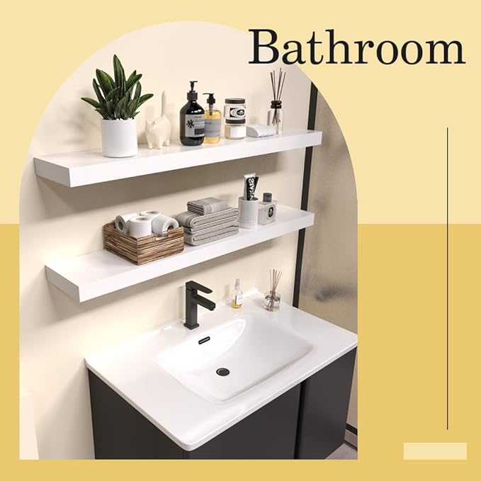 Habudda Floating Shelves for Wall, 35.5 Inch Long Natural Wood Shelf, White Rustic Decor for Bathroom Kitchen Bedroom, Hanging Mounted Invisible Bracket, Set of 2