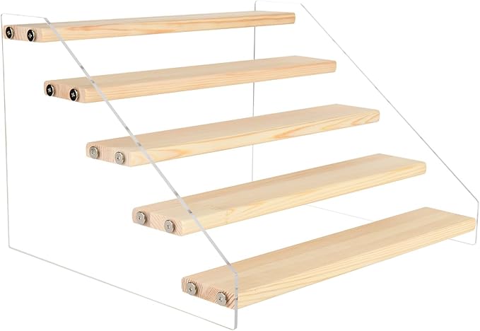 Homakover Tiered Spice Rack Acrylic Wood Board Spice Rack Organizer for Cabinet, Seasoning Organizer Spice Shelf, Space Saving Clear Stand Step Can Organizer for Kitchen Countertop Storage, 5 Tier
