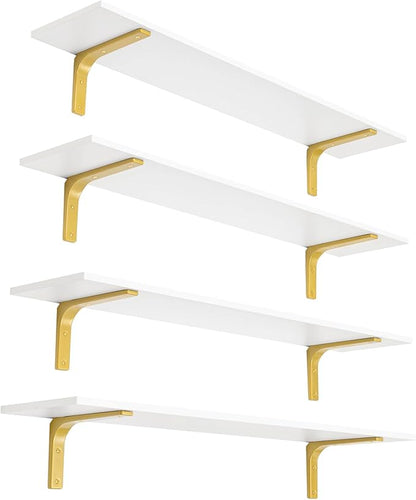DINZI LVJ Long Wall Shelves, 47.3" Wall Mounted Shelves Set of 4, Large Floating Shelves with Metal Brackets, for Living Room, Bathroom, Bedroom, Kitchen, White and Gold