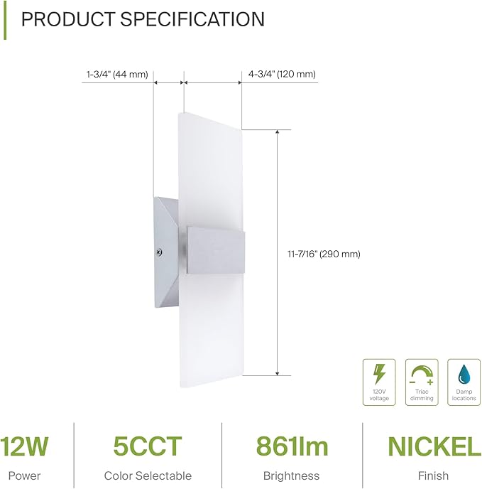 ASD LED Indoor Wall Mount Light Fixture - 12 Inch 12W Modern Interior Brushed Nickel Dimmable Wall Sconce Light - UL 2700K-5000K Adjustable - Hallway, Bedroom LED Wall Lights
