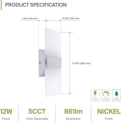 ASD LED Indoor Wall Mount Light Fixture - 12 Inch 12W Modern Interior Brushed Nickel Dimmable Wall Sconce Light - UL 2700K-5000K Adjustable - Hallway, Bedroom LED Wall Lights, Pack of 2