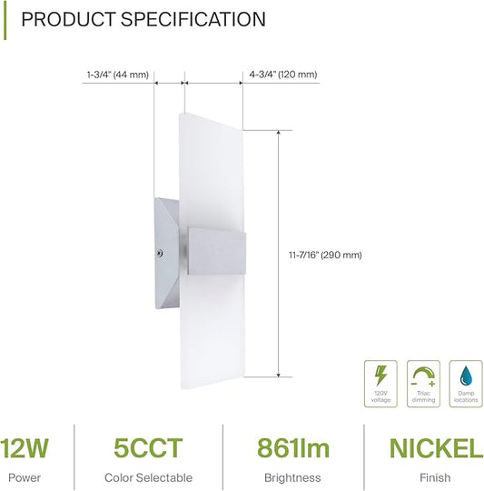 ASD LED Indoor Wall Mount Light Fixture - 12 Inch 12W Modern Interior Brushed Nickel Dimmable Wall Sconce Light - UL 2700K-5000K Adjustable - Hallway, Bedroom LED Wall Lights, Pack of 2
