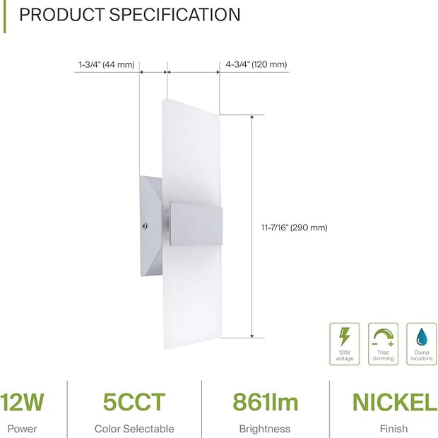 ASD LED Indoor Wall Mount Light Fixture - 12 Inch 12W Modern Interior Brushed Nickel Dimmable Wall Sconce Light - UL 2700K-5000K Adjustable - Hallway, Bedroom LED Wall Lights, Pack of 2