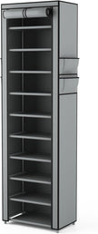 VTRIN Vertical Narrow Shoe Rack Organizer Tall Shoe Rack for Closet Entryway 10 Tier Non-Woven Cover Shoe Shelf Holds 20-22 Pairs Free Standing Shoe Storage Cabinet with Dustproof Cover, Grey