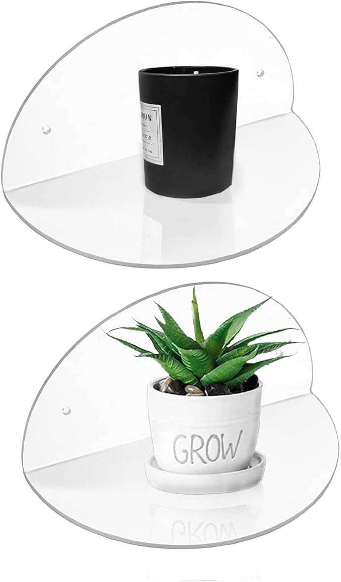 ROYALITA Small Acrylic Shelves Room Decor Floating Shelves (2-Pack, 8-inch Diameter) - Wall Mounted Display Stand for Plants, Toys, Makeup, and More - Ideal for Home and Office, Clear