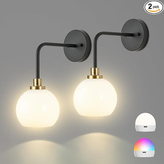 Battery Operated Wall Sconces Set of 2, Black Gold Rechargeable Wireless Wall Lights with Milky White Shade, 12 RGB and 3CCT Dimmable Wall Lamps with Remote for Bedroom Living Room Hallway