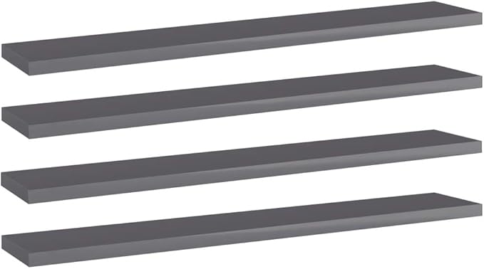 Set of 4 Wall Mounted Floating Shelves, 23.6 Inch High Gloss Grey Engineered Wood Storage Boards for Bedroom, Living Room and Home Office Decor