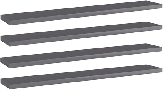 Set of 4 Wall Mounted Floating Shelves, 23.6 Inch High Gloss Grey Engineered Wood Storage Boards for Bedroom, Living Room and Home Office Decor