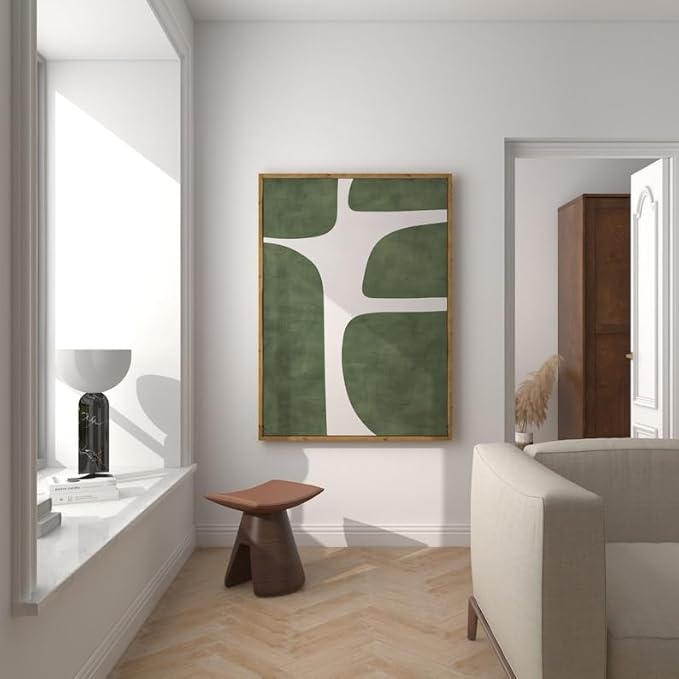 Nationcog Modern Green Beige Minimalist Art, Mid-Century Contemporary Wall Decor, Large Affordable Home Accent, Handmade Greenery Gift Idea (Unframed) (24x36)