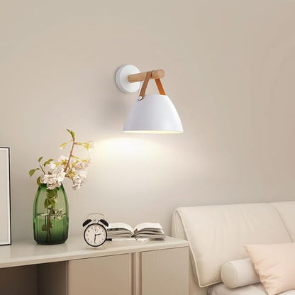 Modern White Wall Sconce Wood and Leather Accent Bedside Light Hardwired Minimalist Wall Lamp E26 Base Light Fixture for Bedroom Living Room Hallway Entryway Accent Lighting Scandinavian Style