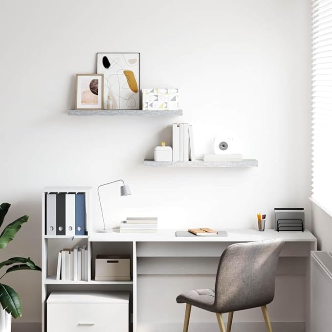 Set of 2 Concrete Grey Honeycomb MDF Floating Wall Shelves with Invisible Mounting System for Modern Home Office Decor and Display Storage