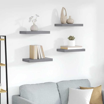 Set of 4 Gray Honeycomb Floating Wall Shelves, MDF and Metal Medium Wall Shelf Set with Matte Finish for Living Room Bedroom Storage and Display