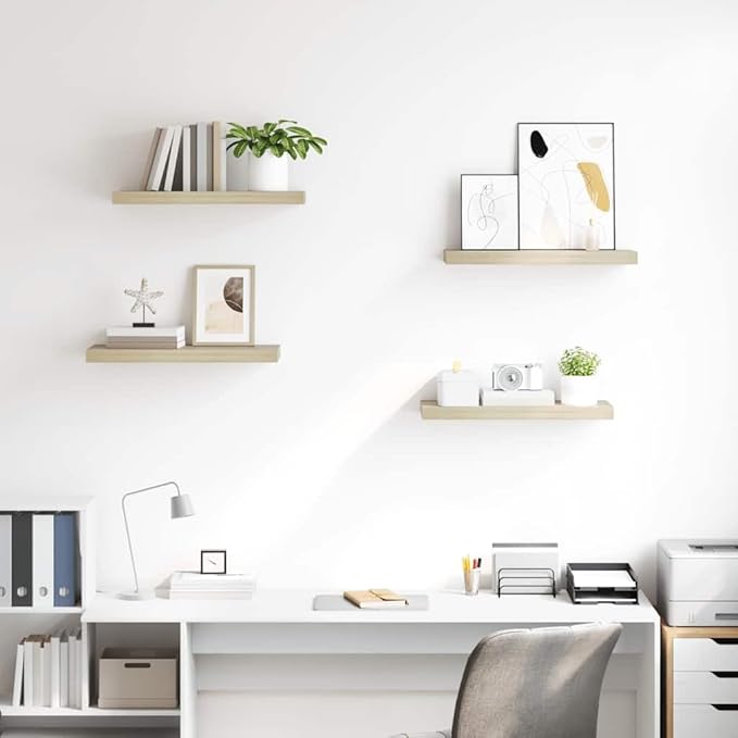 Set of 4 Oak Honeycomb MDF Floating Wall Shelves, Modern Storage Display with High Capacity and Seamless Design for Living Room Office