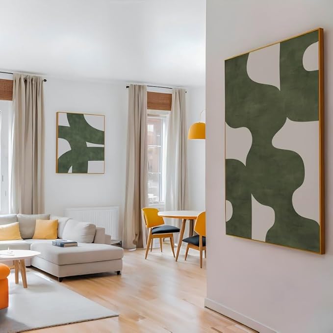 Nationcog Green Mid Century Wall Art, Minimalist Abstract Poster with Beige Tones, Retro Organic Shape Print, Modern Neutral Home Decor for Living Room or Entryway (Unframed) (12x18)