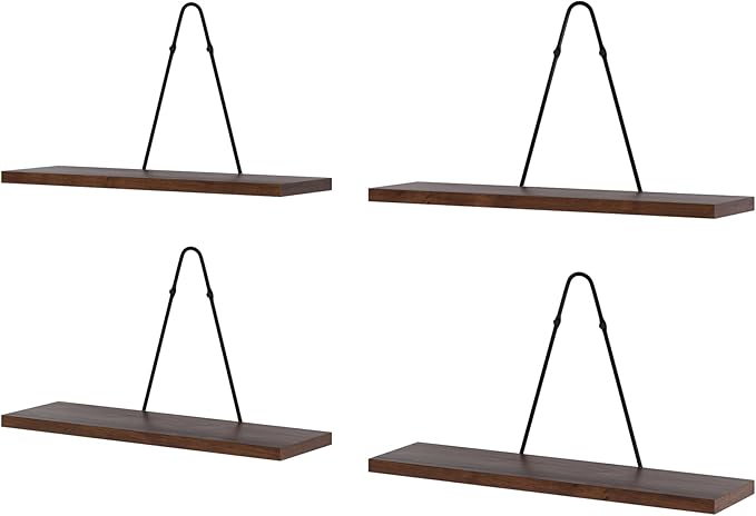 Rustic State Moma Wall Mounted Narrow Decorative Floating Shelves with Triangle Brackets - Picture Ledge, Display for Collectibles Memorabilia Awards Objects Toiletries - Set of 4 - Walnut