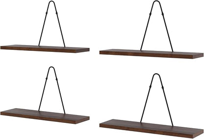 Rustic State Moma Wall Mounted Narrow Decorative Floating Shelves with Triangle Brackets - Picture Ledge, Display for Collectibles Memorabilia Awards Objects Toiletries - Set of 4 - Walnut
