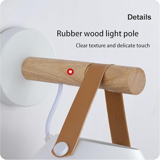 Modern White Wall Sconce Wood and Leather Accent Bedside Light Hardwired Minimalist Wall Lamp E26 Base Light Fixture for Bedroom Living Room Hallway Entryway Accent Lighting Scandinavian Style