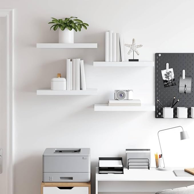 White Honeycomb MDF Metal Medium Floating Wall Shelf Set of 4, Modern Minimalist Shelving for Living Room Decor and Home Organization, Easy Install Space Saver with Durable