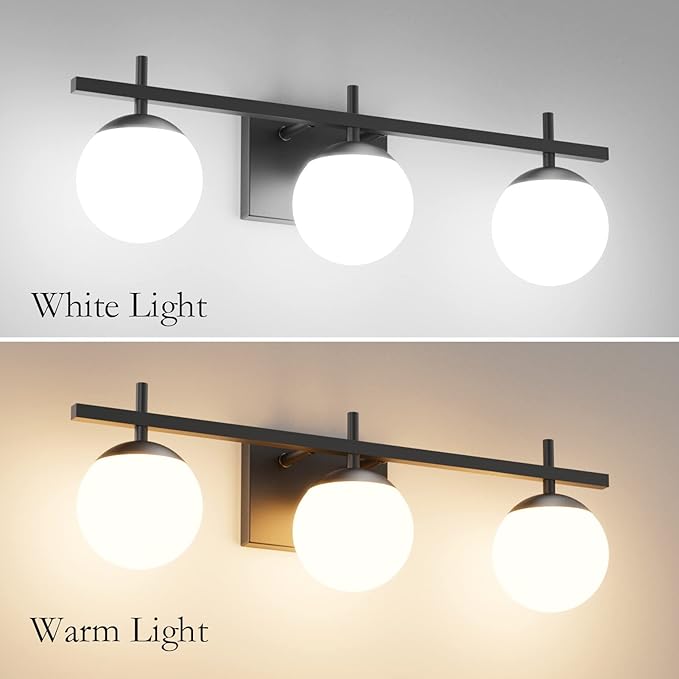 Ralbay Mid Century Modern Bathroom Vanity Lights Matte Black Milky Glass Modern Bathroom Wall Lights Over Mirror, Black 3-Light (Exclude Bulb)