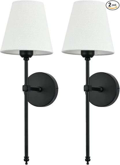 Bsmathom Wall Sconces Sets of 2, Rustic Industrial Wall Lamps, Hardwired Column Stand Sconces Wall Lighting, Bathroom Vanity Light Fixture with Fabric Shade for Bedroom Living Room Kitchen, Black