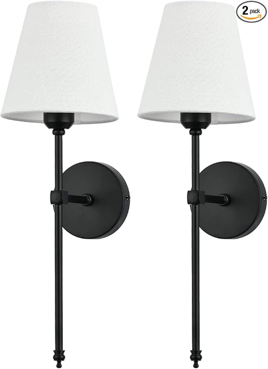 Bsmathom Wall Sconces Sets of 2, Rustic Industrial Wall Lamps, Hardwired Column Stand Sconces Wall Lighting, Bathroom Vanity Light Fixture with Fabric Shade for Bedroom Living Room Kitchen, Black