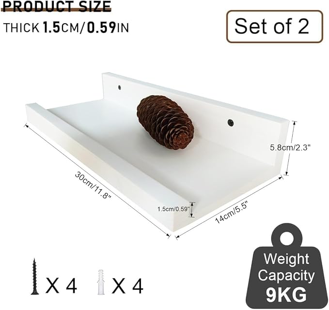 Z metnal Small Floating Shelves, Natural Wooden Display Wall Shelf for Picture Ledge, Nursery Floating Shelves, White, Wall Mounted, 12 x 5.5 inch, 2 Pcs